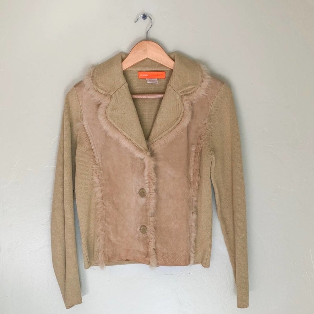 CYNTHIA CYNTHIA STEFFE Women's Tan Suede/Rabbit Fur/Knit Three Button Coat sz M